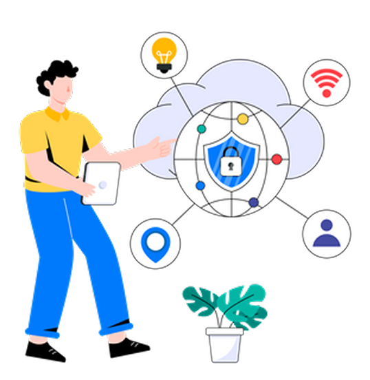 Illustration of a person using hotel management technology